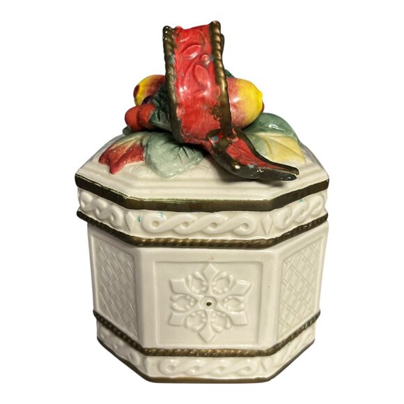 Fitz and Floyd Father Noel Octagon Lidded Box, Fruit & Ribbon Top, 1990s - Picture 2 of 7